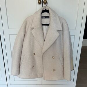 Zara Off-White Textured Coat with Gold Buttons